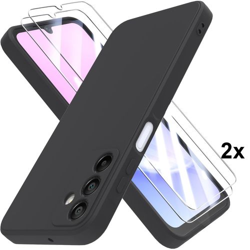Coque Pour Samsung Galaxy A25 + 2 Vitres Verre Trempé Coque Souple Silicone Noir Look Mat