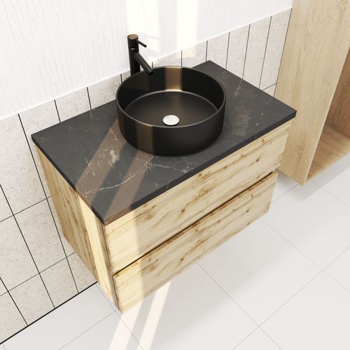 Meuble Salle De Bains 80cm Chêne Naturel 2 Tiroirs - Plan Effet Marbre Noir + Vasque Ronde Noire