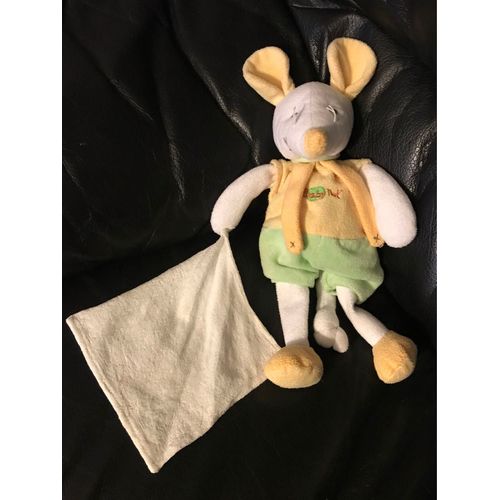Doudou Souris Babynat Baby Nat' - Jaune Vert  Avec Son Mouchoir Blanc 26cm