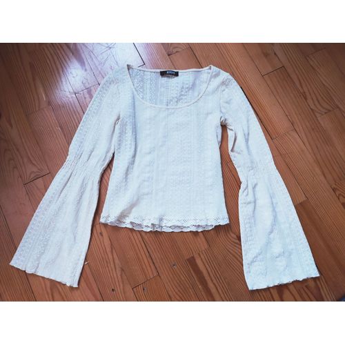 Haut / Top / T-Shirt Morgan À Manches Évasées Écru Avec Broderie & Crochet S Tbe