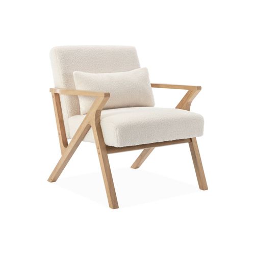 Fauteuil Scandinave Bois D'hévéa Et Bouclette Blanche Antoine