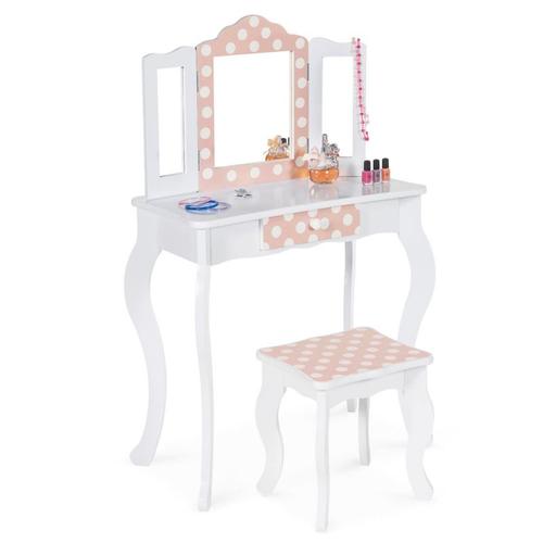 Coiffeuse Enfant Roza Blanche Et Rose Avec 3 Miroirs Et Tabouret