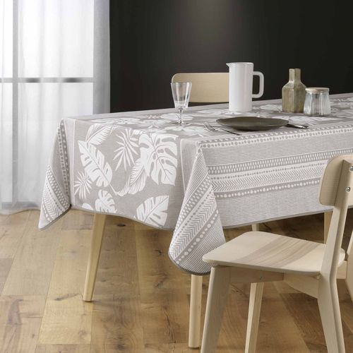 Nappe Antitache Carrée 150x150 Cm - Feuillage Et Motif Géométrique - Beige Beige