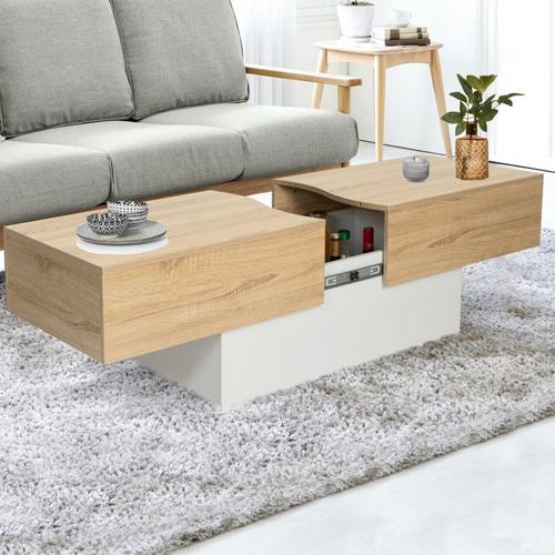 Table Basse Bar Coulissante Marta Bois Blanc Et Imitation Hêtre