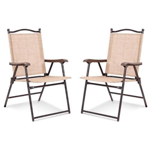 Costway Lot De 2 Chaises De Jardin Pliantes En Textilène & Métal, Fauteuil Jardin Avec Accoudoirs, Dossier Pour Plage, Camping Beige