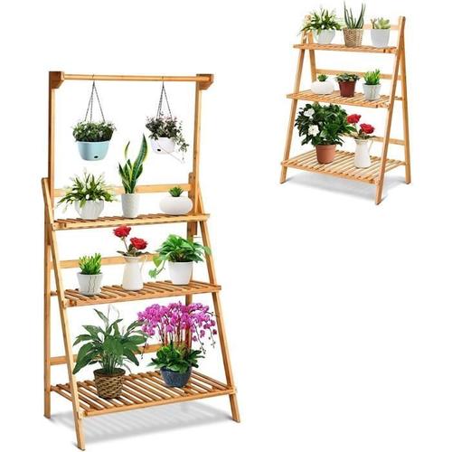 Costway Étagère Pour Plantes Pliable À 3 Niveaux, 70×40×120-144 Cm, Étagère À Fleurs Réglable Avec Tige D'accrochage