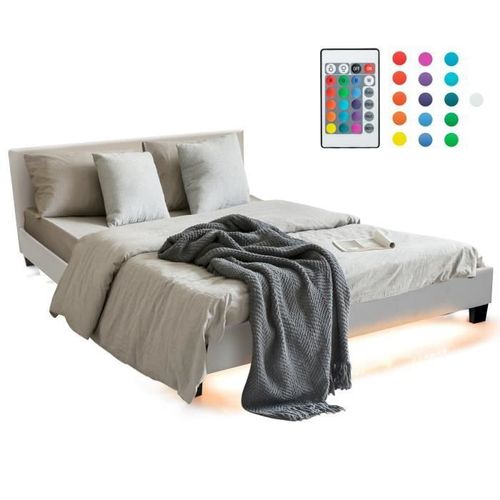 Lit Double Adulte Costway Avec Sommier 140x200cm - Led 16 Couleurs 4 Modes - Simili Cuir
