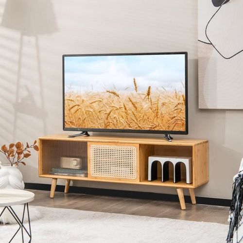 Costway Meuble Tv En Bambou Pour Tv 55" Avec 4 Compartiments, 4 Pieds En Bois Massif, 2 Portes Coulissantes En Rotin Et Verre Trempé