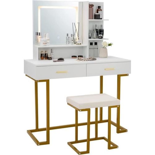 Costway Coiffeuse Avec Miroir Lumineux Et Tabouret, Cadre En Acier Avec 2 Tiroirs, 2 Étagères Pour Chambre, Vestiaire