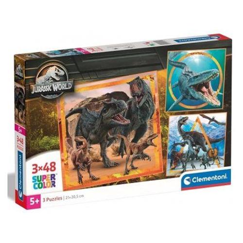 Puzzles 3 X 48 Pieces : T Rex Et Autres Dinosaures Feroces - Jurassic World - Enfant, Garcon - Set Puzzle Supercolor + Carte