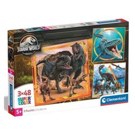 Puzzles 3 X 48 Pieces : T Rex Et Autres Dinosaures Feroces - Jurassic World - Enfant, Garcon - Set Puzzle Supercolor + Carte