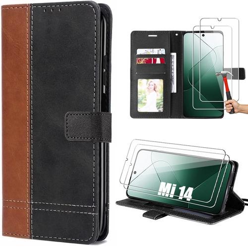 Coque Pour Xiaomi 14 Avec 2 Verres Trempés, Etui Antichoc En Cuir Pu Bicolore Avec Poche À Cartes Et Béquille Réglable, Marron - E.F.Connection