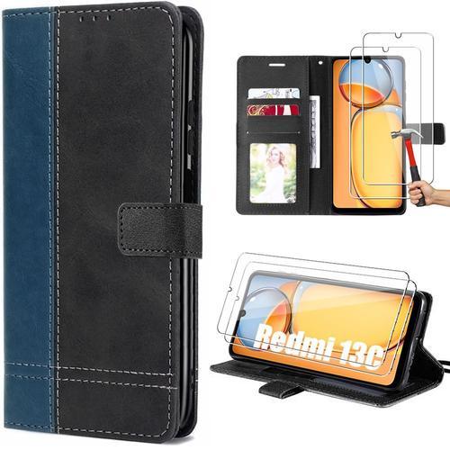 Coque Pour Xiaomi Redmi 13c + 2 Verres Trempés, Etui Effet Cuir Bicolore Et Tpu Avec Porte-Cartes Et Support, Bleu Marine - E.F.Connection