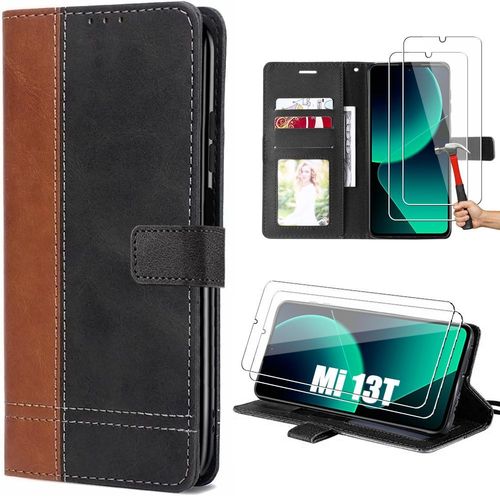 Coque Pour Xiaomi 13t Avec 2 Verres Trempés, Etui Pliable Bicolore En Cuir Pu Avec Fonction De Porte-Cartes Et De Support, Marron - E.F.Connection