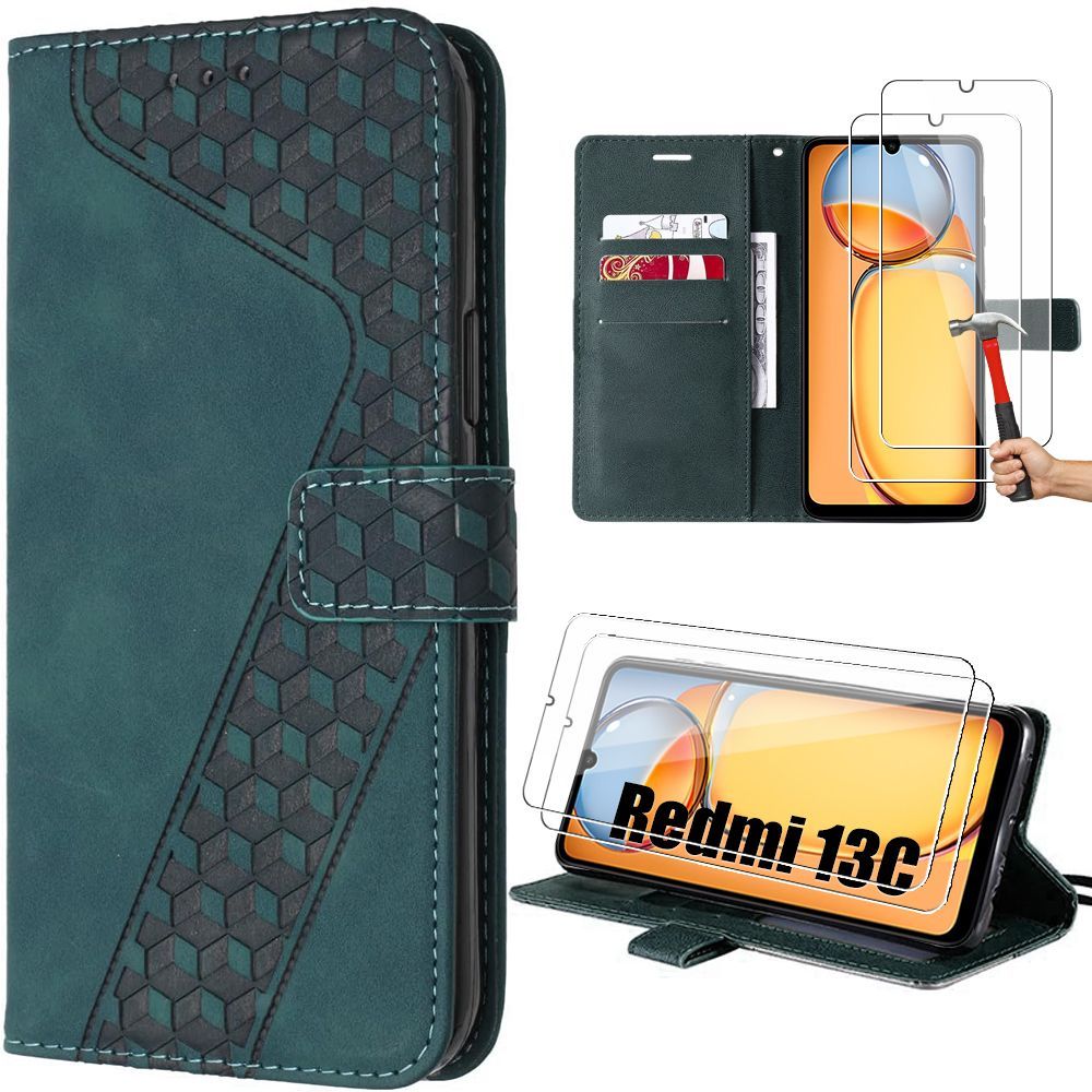 Coque Pour Xiaomi Redmi 13c + 2 Verres Trempés, Housse En Cuir Pu Avec Porte-Cartes Et Béquille, Motif Cube Embossée, Vert - E.F.Connection