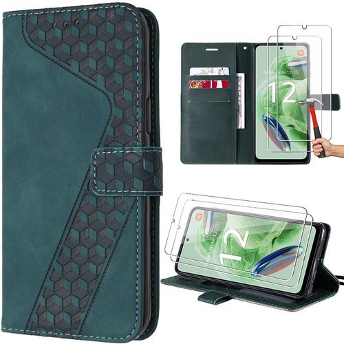 Coque Pour Xiaomi Redmi Note 12 5g, Vert, Effet Cuir Embossé Avec Porte-Cartes Et Béquille + 2 Verres Trempés (Pas Pour Redmi 12) - E.F.Connection
