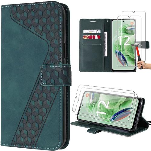 Coque Pour Xiaomi Redmi Note 12 5g, Vert, Effet Cuir Embossé Avec Porte-Cartes Et Béquille + 2 Verres Trempés (Pas Pour Redmi 12) - E.F.Connection