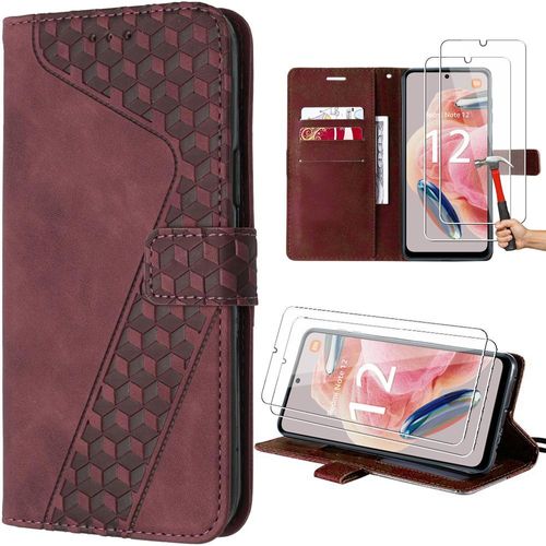 Coque Pour Xiaomi Redmi Note 12 4g, Rouge, Simili Cuir À Motif De Cube Avec Support+2 Verres Trempés (Pas Pour Redmi 12) - E.F.Connection
