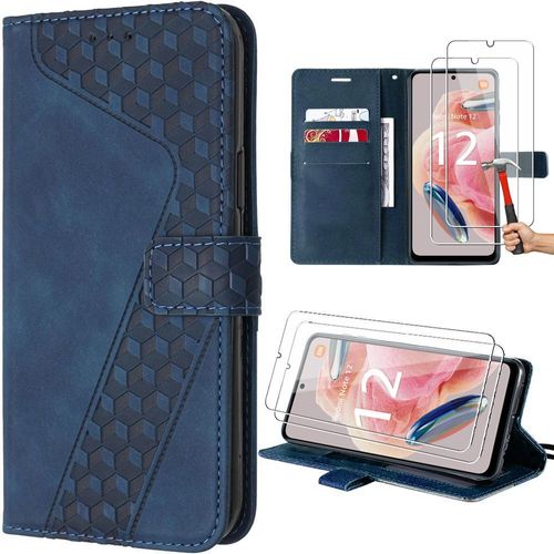 Coque Pour Xiaomi Redmi Note 12 4g Avec 2 Verres Trempés, Bleu Marine, Effet Cuir Embossé Avec Béquille (Pas Pour Redmi 12) - E.F.Connection