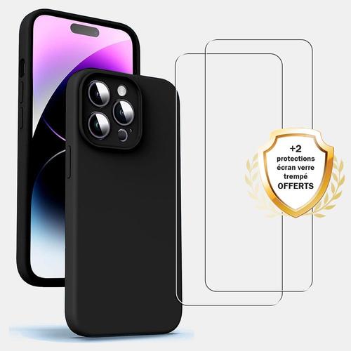 Coque Iphone 15 Pro Silicone Liquide Noire + 2 Vitres En Verre Trempé Protection Écran Antichocs Evetane