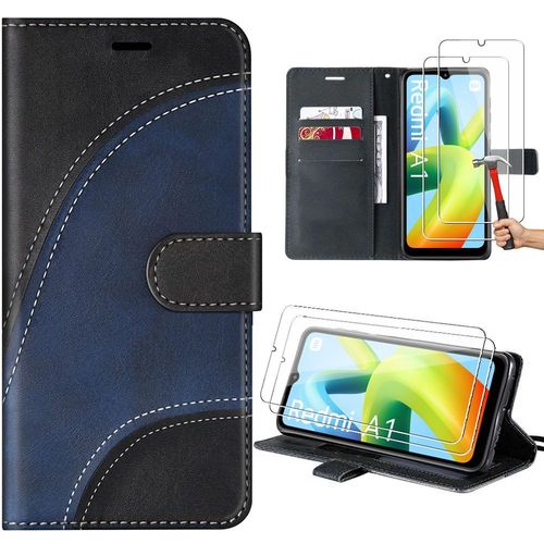 Coque Pour Xiaomi Redmi A1/A2 Avec 2 Verres Trempés, Etui En Cuir Pu Motif Vague Stylisée Avec Portefeuille Et Béquille, Noir - Booling