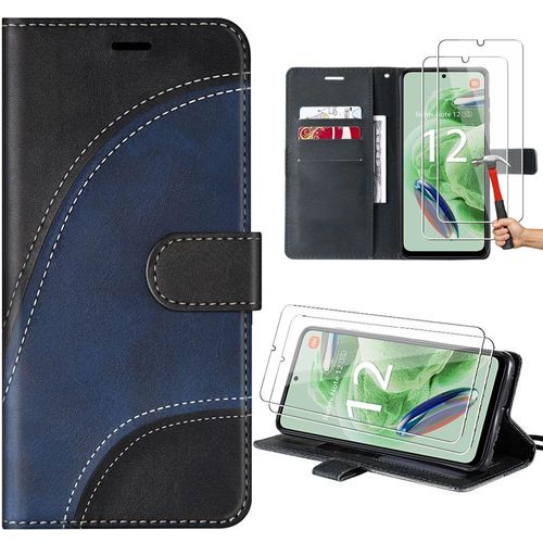 Coque Pour Xiaomi Redmi Note 12 5g Avec 2 Verres Trempés, Etui En Simili Cuir À Motif Vague Avec Support, Noir (Pas Pour Redmi 12) - Booling
