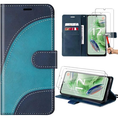 Coque Pour Xiaomi Redmi Note 12 5g Avec 2 Verres Trempés, Etui Motif Abstrait En Cuir Pu Avec Support, Bleu (Pas Pour Redmi 12) - Booling