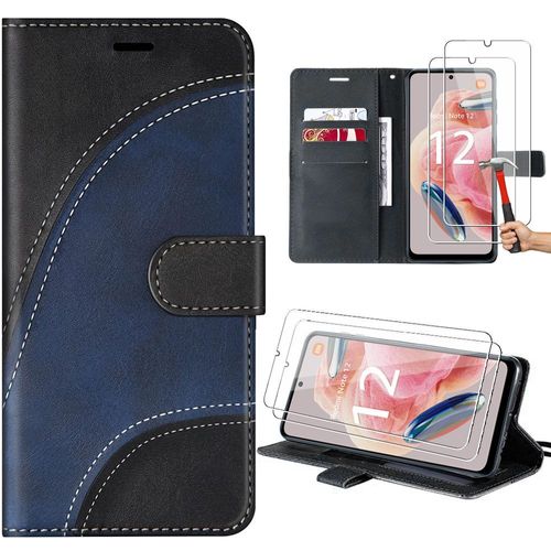 Coque + 2 Verres Trempés Pour Xiaomi Redmi Note 12 4g, Noir, Etui Pliable Effet Cuir Motif Vague Avec Béquille (Pas Pour Redmi 12) - Booling