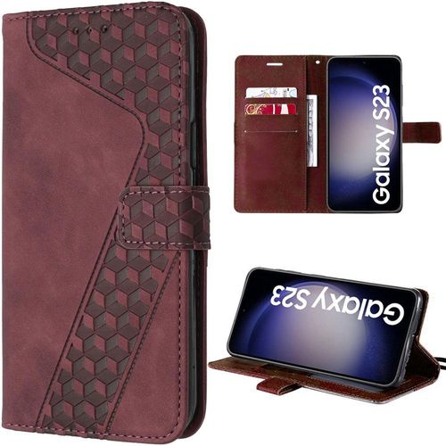 Coque Pour Samsung Galaxy S23, Rouge, Protection En Cuir Pu Avec Poche À Cartes Et Béquille Réglable, Style Motif De Cube Embossée - E.F.Connection