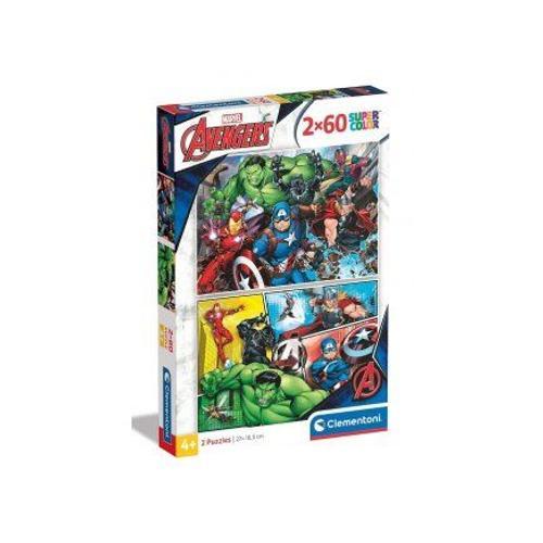 Puzzles 2 X 60 Pieces Avengers Collection - Les Puissants Super Heros Marvel - Enfant 4 Ans - Set Puzzle Dessin Anime + Carte