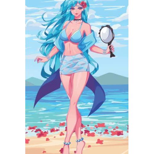 Mermaid Notebook Modern Beautiful Anime Siren Beach Girl Journal: 240 Line Pages, 6x 9, Mermaid With Scales Fashion Swimsuit, ''flor De Maga'' ... And Mermaid Mirror, Marine Blue Color Back