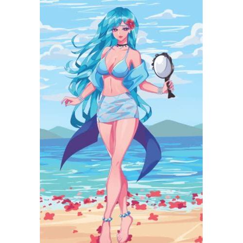 Mermaid Hardcover Notebook Modern Anime Siren Beach Girl Journal: 120 Line Pages, 6x9, Mermaid With Scales Fashion Swimsuit, ''flor De Maga'' ... And Mermaid Mirror, Aqua Blue Color Back