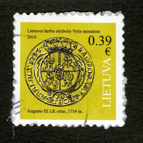 Timbre Oblitéré Lietuva, Lietuvos Herbo Simbolis Vytis Monetose, Augusto Iii Lk Ortas, 1754 M., 2015, 0.39 E