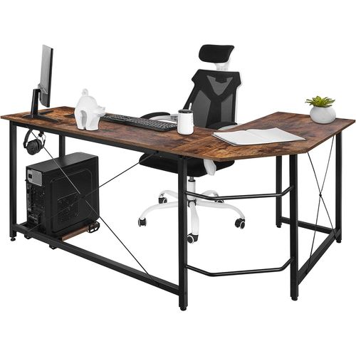 Bureau En Forme De L, Bureau D'angle Avec Crochets En Fer, 167 Cm Bureau D'ordinateur, Montage Facile, Cadre En Acier, Style Industriel, Marron