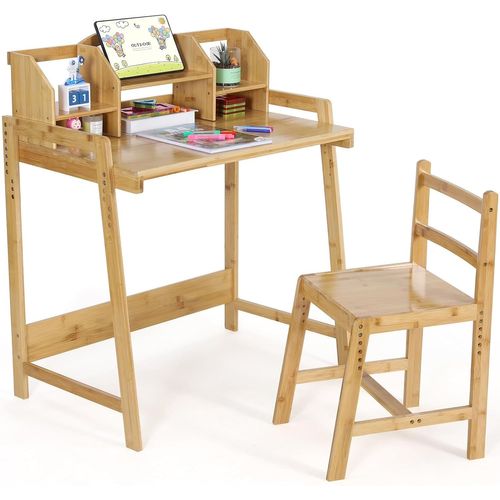 Bureau Enfant En Bambou, Ensemble Bureau Et Chaise Réglable,Avec Support De Livre, Table Enfant Avec Chaise Pour L'étude Et Au Travail