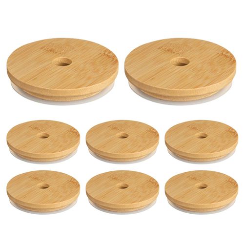 8 Couvercles En Bambou Rutilisables Avec Trou De Paille, 70mm, Pour Bocaux De Maon
