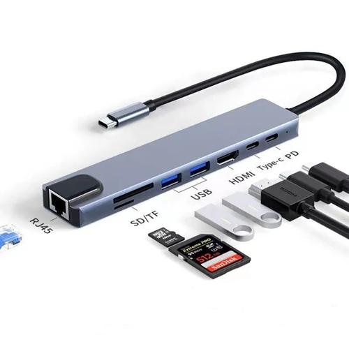 8 en 1 type-c HUB USB-C  4K HDMI 2 USB3.0 RJ45 PD TF carte mmoire convertisseur adaptateur Station d'accueil pour ordinateur portable