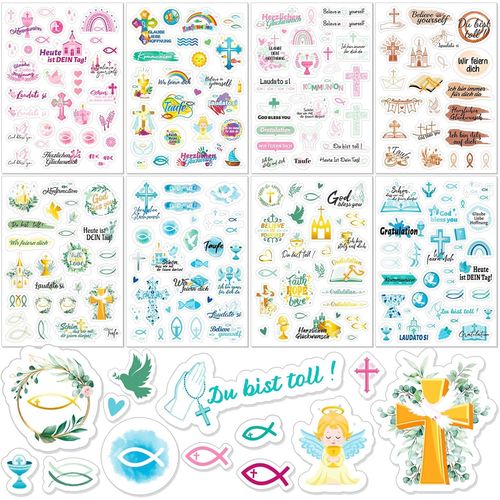 8 Feuilles D'autocollants Communion,Livre D'or Communion Confirmation Autocollants Baptme Croix Colombe Poisson Autocollants Pour Baptme Confirmation Communion DCoration