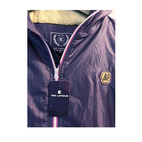 Grand Blouson Impermeable Ted Lapidus Since 1951 Bleu Large Veste Capuche Marine Doublure Fourrure Poches Zip Parka Manteau Surveste Protection Froid Intemperies Mauvais Temps Mixte Homme Femme Jacket