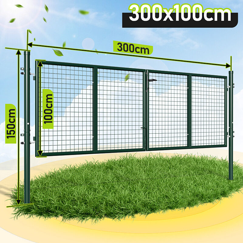 Portail De Jardin Double Battant - Vert, 300x100cm - Portillon Gril...