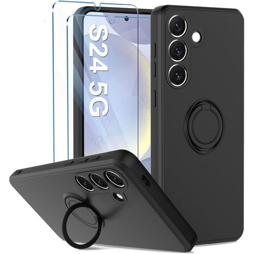 Coque Silicone Pour Samsung Galaxy S24 Couleur Noir Avec Anneau Support + 2 Verres Trempe Protection Ecran Little Boutik©