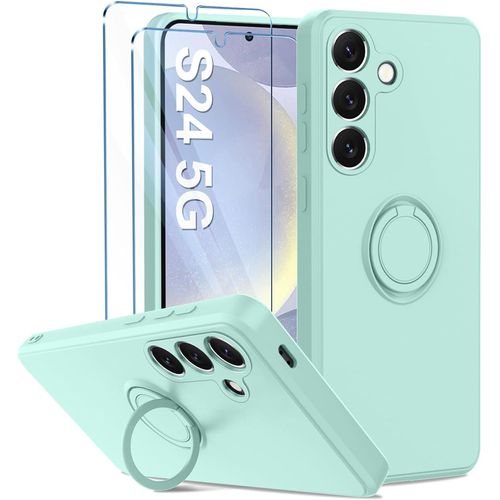 Coque Silicone Pour Samsung Galaxy S24 Couleur Vert Avec Anneau Support + 2 Verres Trempe Protection Ecran Little Boutik©