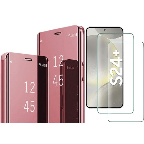 Coque Folio Rabat Miroir Pour Samsung Galaxy S24 Plus Couleur Rose + 2 Verres Trempe Protection Ecran Little Boutik©