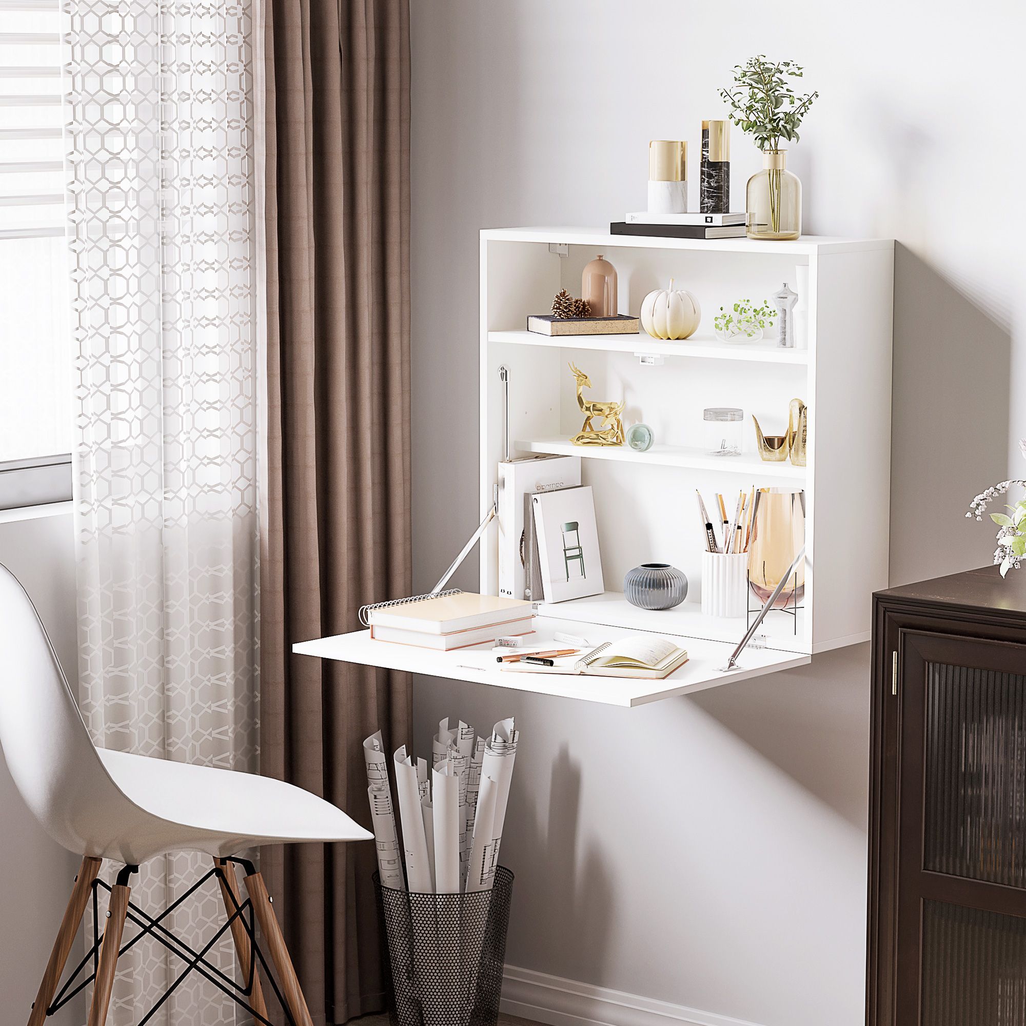 Bureau Mural Multi-rangement Pliable Blanc - 2