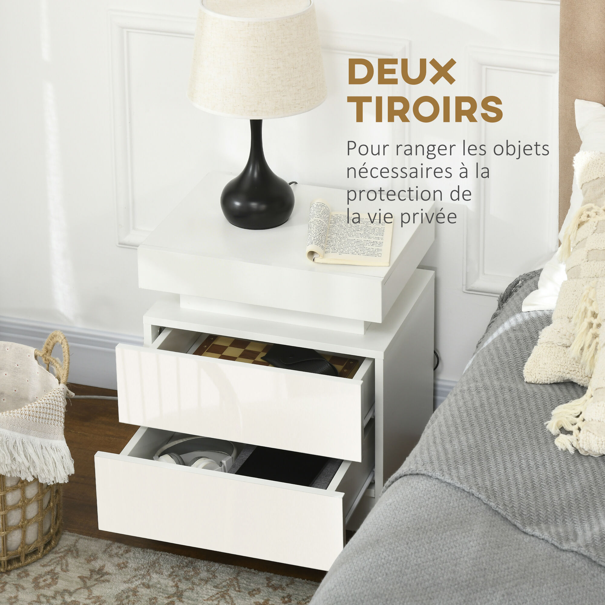 Table de chevet LED 2 tiroirs blanc laqu� - 6