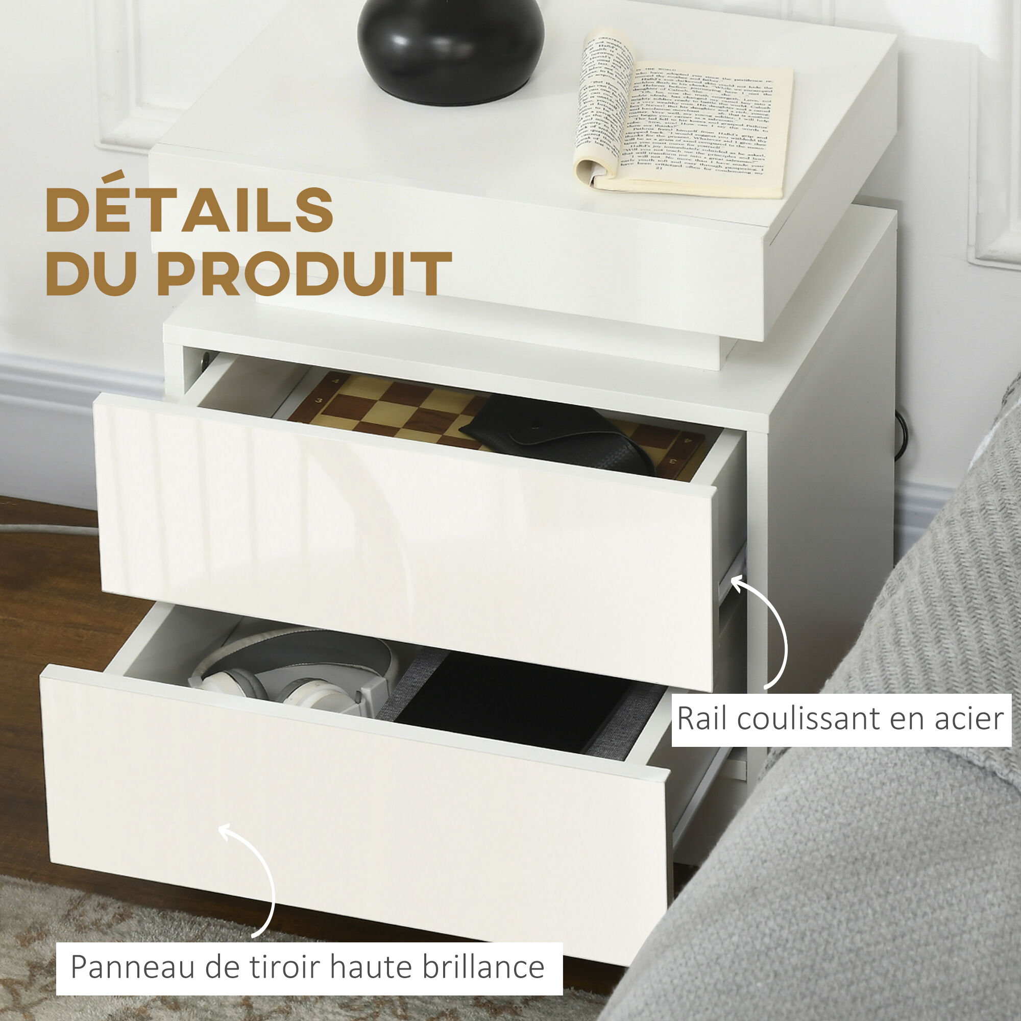 Table de chevet LED 2 tiroirs blanc laqu� - 7