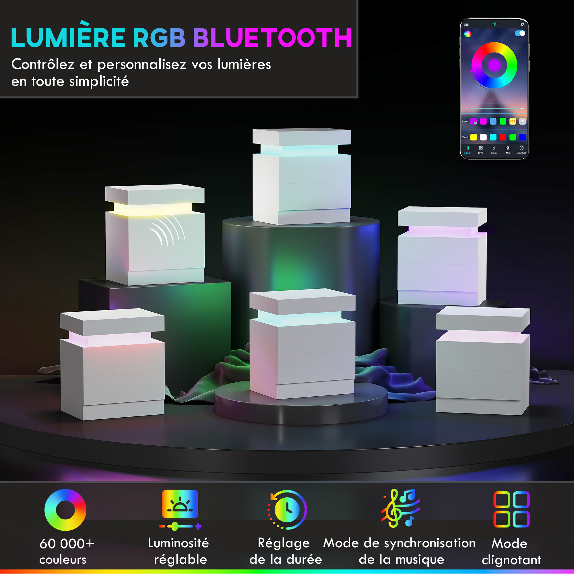 Table de chevet LED 2 tiroirs blanc laqu� - 4