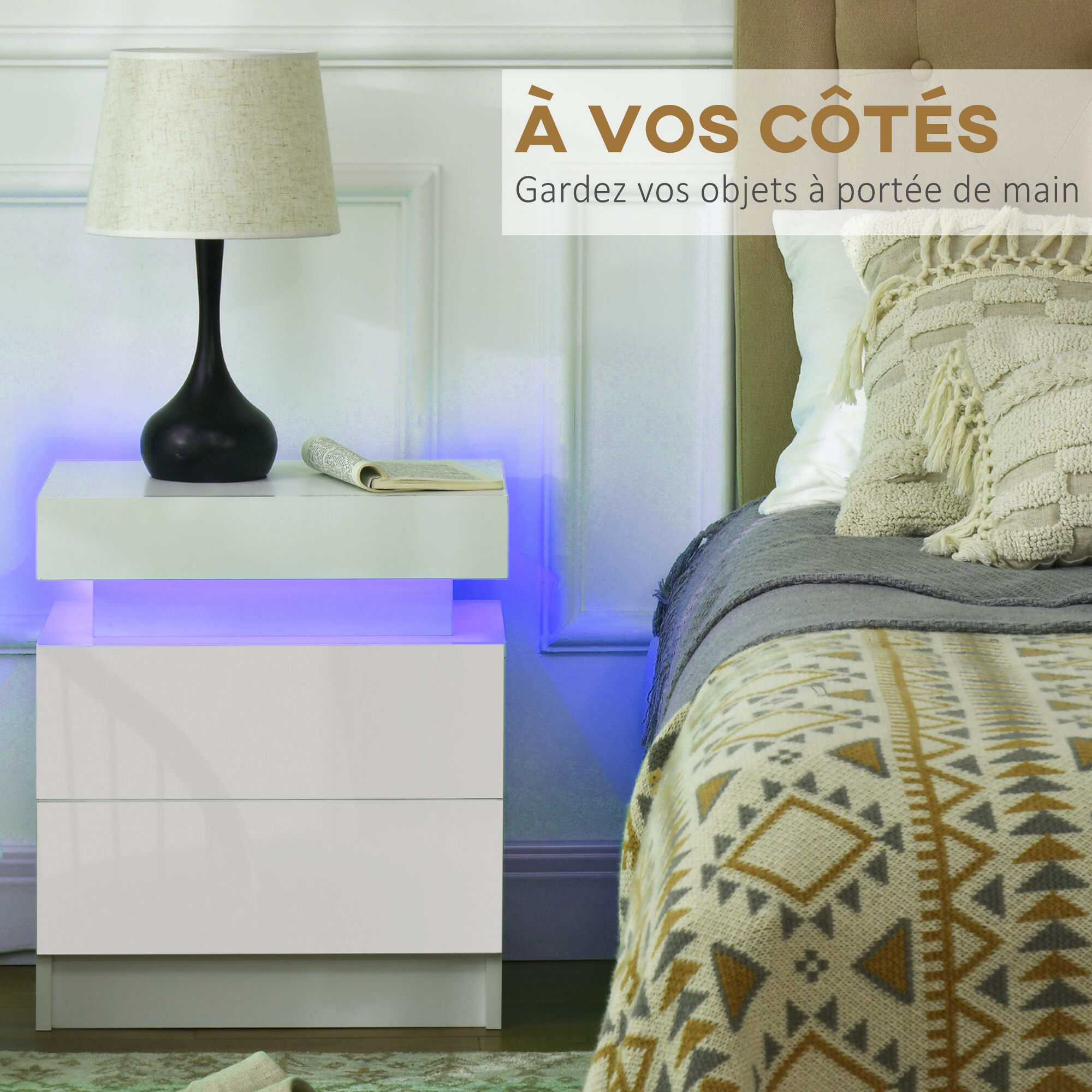 Table de chevet LED 2 tiroirs blanc laqu� - 5