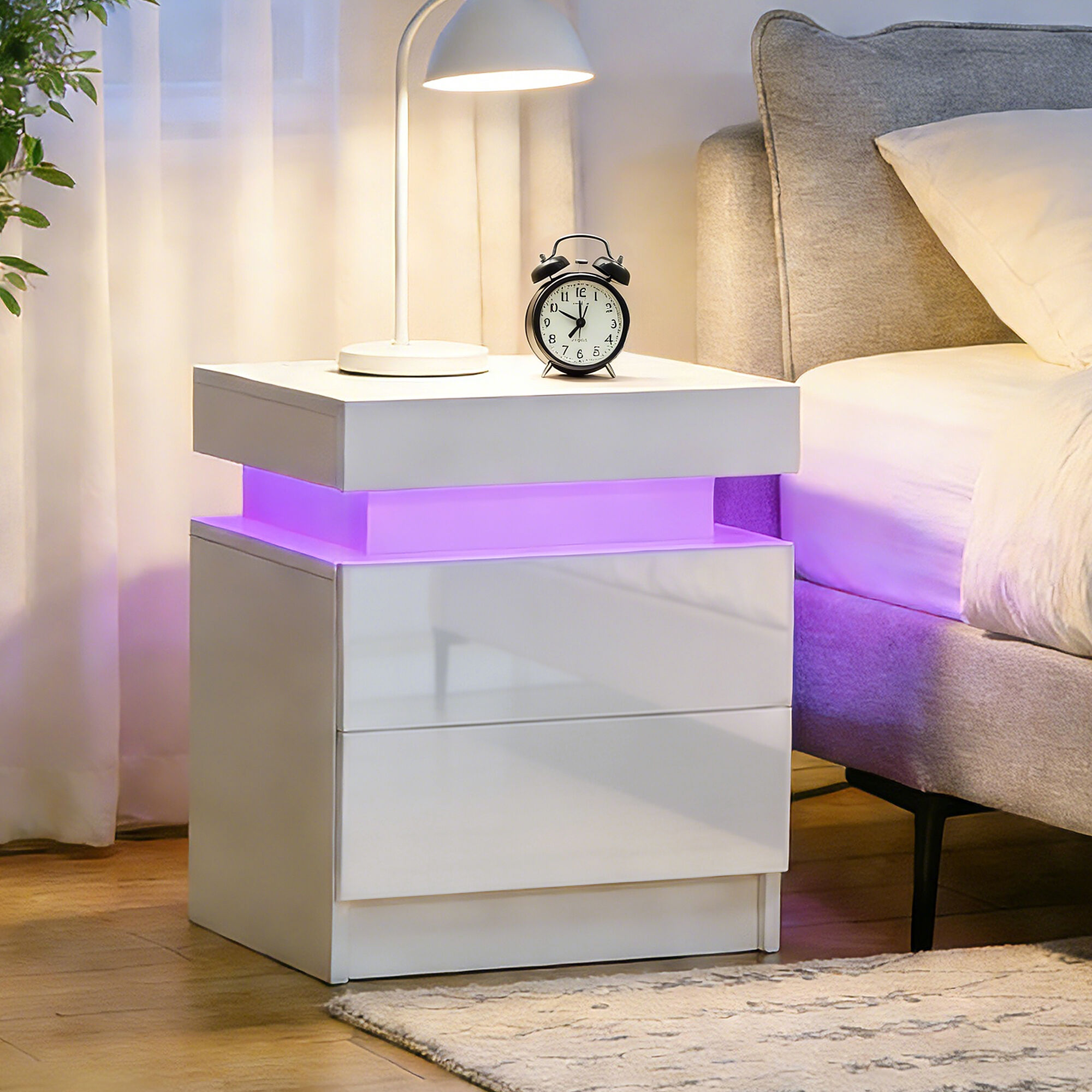 Table de chevet LED 2 tiroirs blanc laqu� - 8
