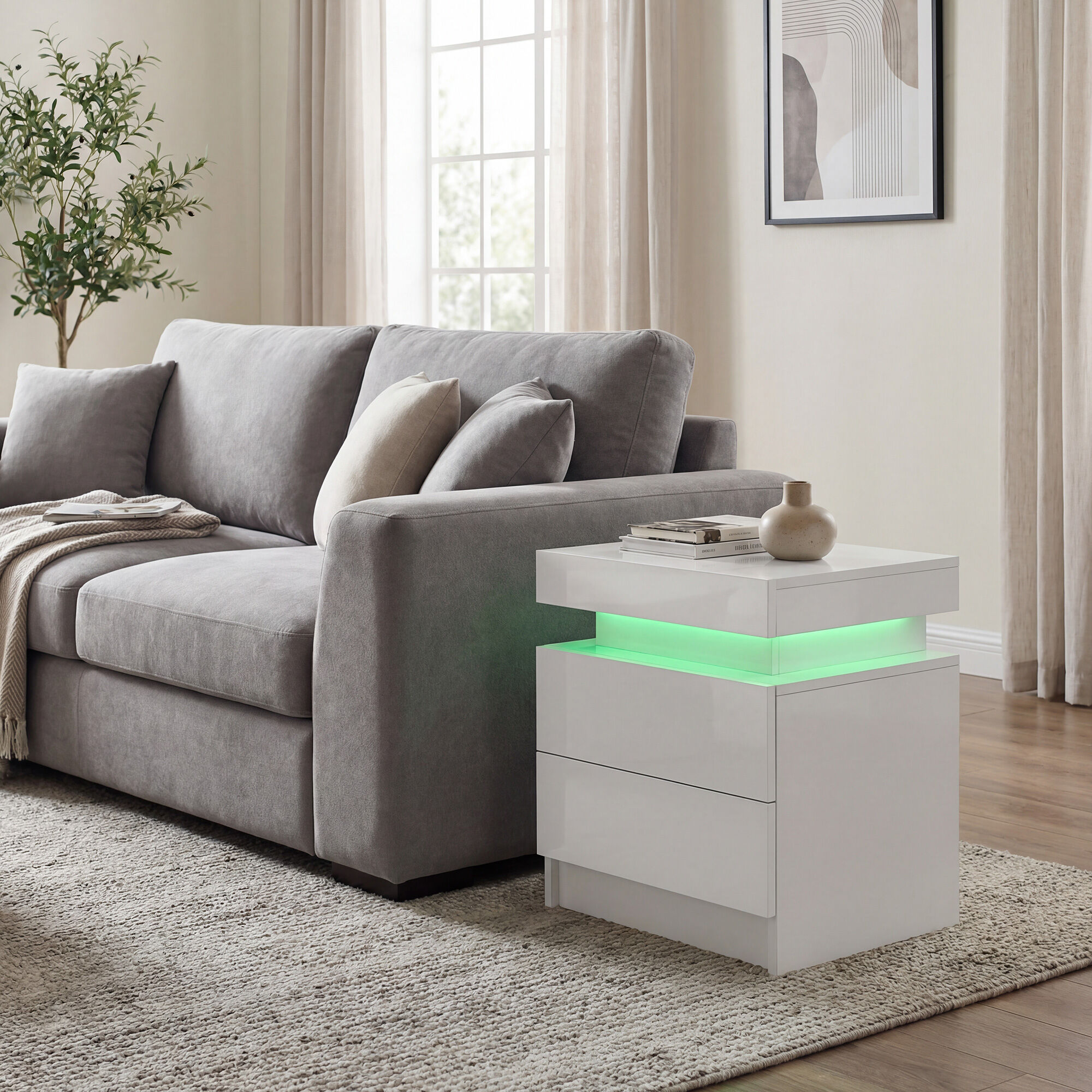 Table de chevet LED 2 tiroirs blanc laqu� - 9